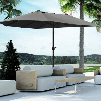 Parasol de patio de 15 pieds - Parasol extérieur rectangulaire en acier double face, gris foncé, protection contre le soleil, manivelle facile, matériau durable gris 15 pi avec base. Parasol de parasol. Acier, intempéries
