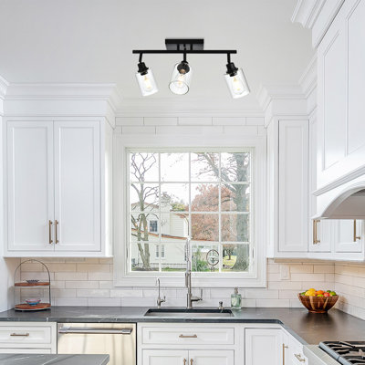 3-Light Track Lighting Fixtures Ceiling Spot Light, Black Wall Mount/Ceiling Light With Clear Rotatable Glass Shade,Industrial Bathroom Light For Kitchen Hallway Living Room