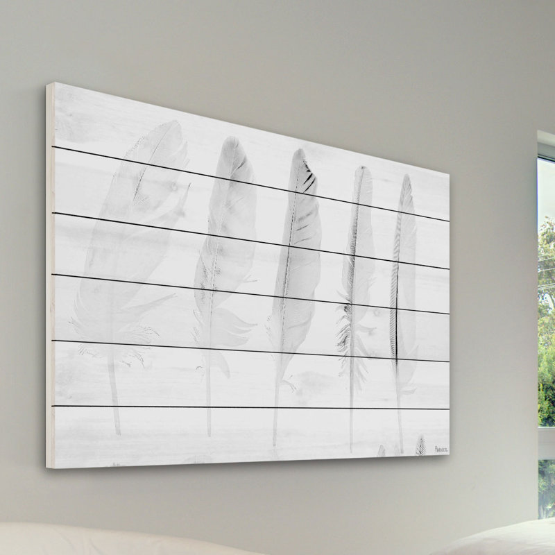 «Cinq plumes blanches» par Parvez Taj, reproduction d'art sur bois, H 8 po x l 12 po x P 1,5 po