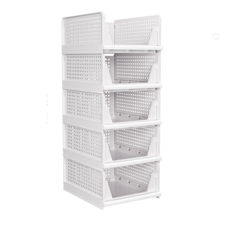 5 Pack Stackable Closet Storage Basket, Multifunctional & Foldable Closet Organizer for Bathroom Kitchen Laundry Room Wardrobe Storage, Space-Saving Clothes Storage Drawer Organizer, White