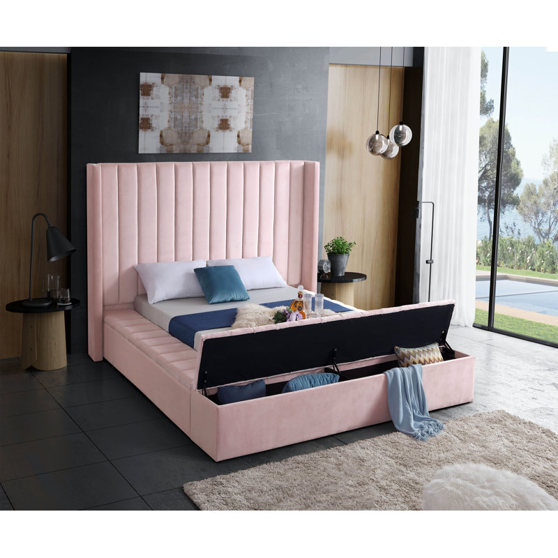 Rick Upholstered Wingback Bed, King, Pink Velvet