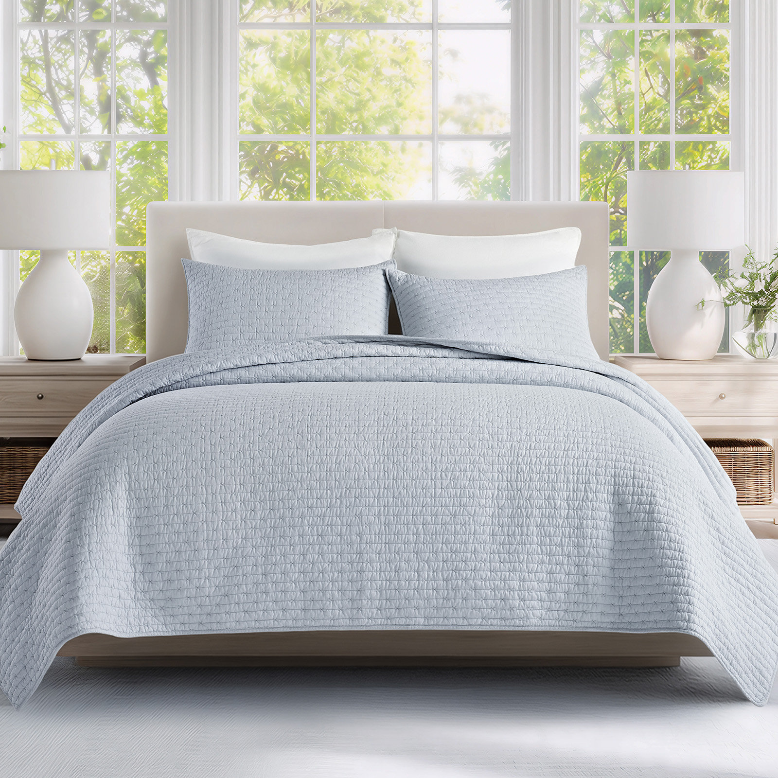 Cotton Quilt Set, Queen + 2 Shams, Powder Blue