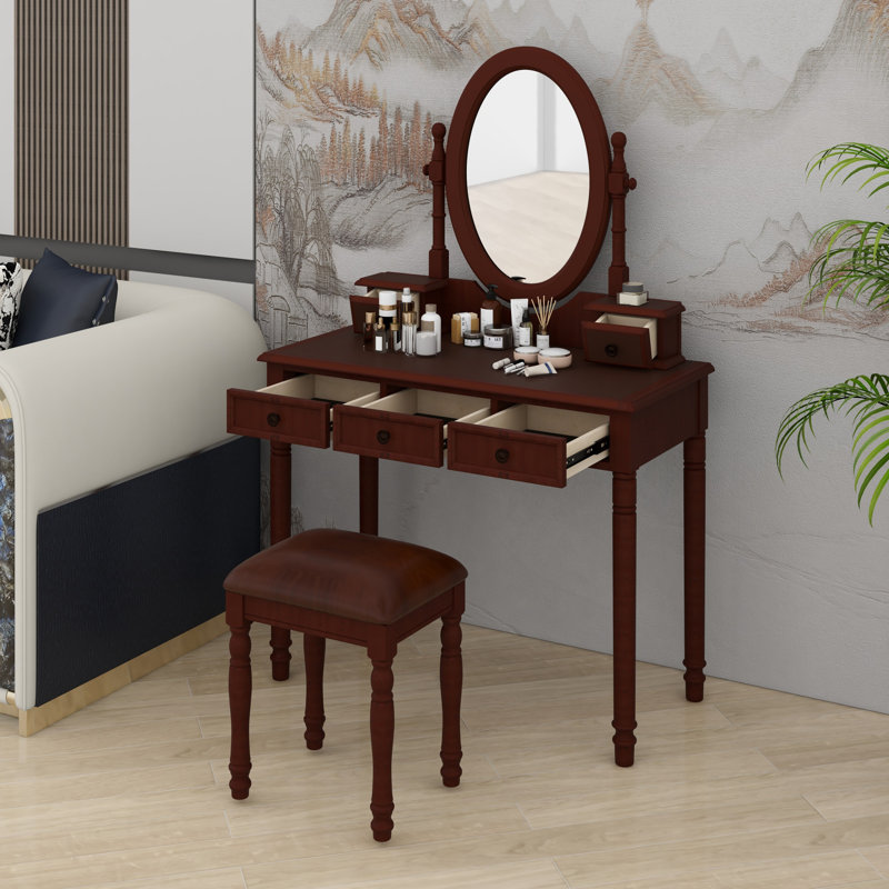 Ensemble de meuble-lavabo avec miroir à angle réglable, table de maquillage rétro et tabouret rembourré, doublure en velours 5 tiroirs pour la chambre à coucher