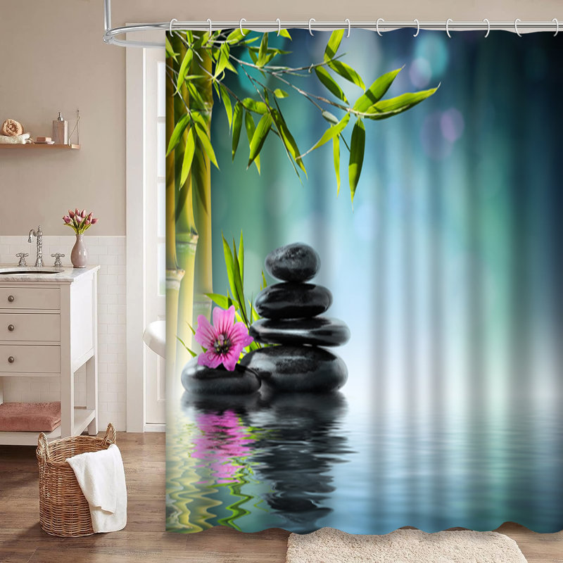 Rideau de douche en pierre noire avec 12 crochets Zen Garden, L 72 po x l 78 po