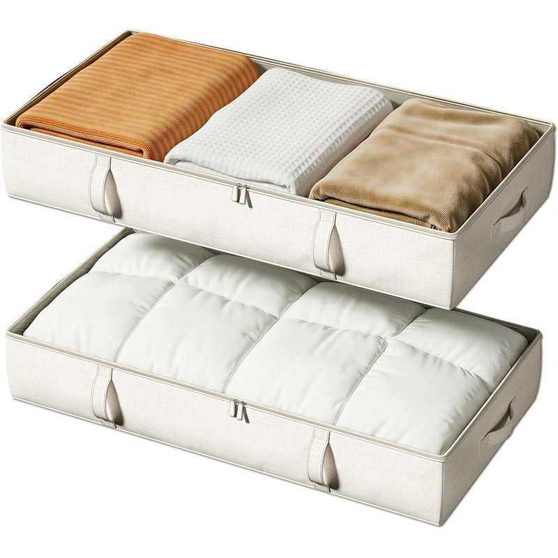 Side-Supported Under Bed Storage Containers, 6 Inches Tall 60L Underbed Storage Bins With Sturdy Handles And Sidewalls, Closet Organizer For Clothes, Blankets, Seasonal Items, Beige, 2-Pack