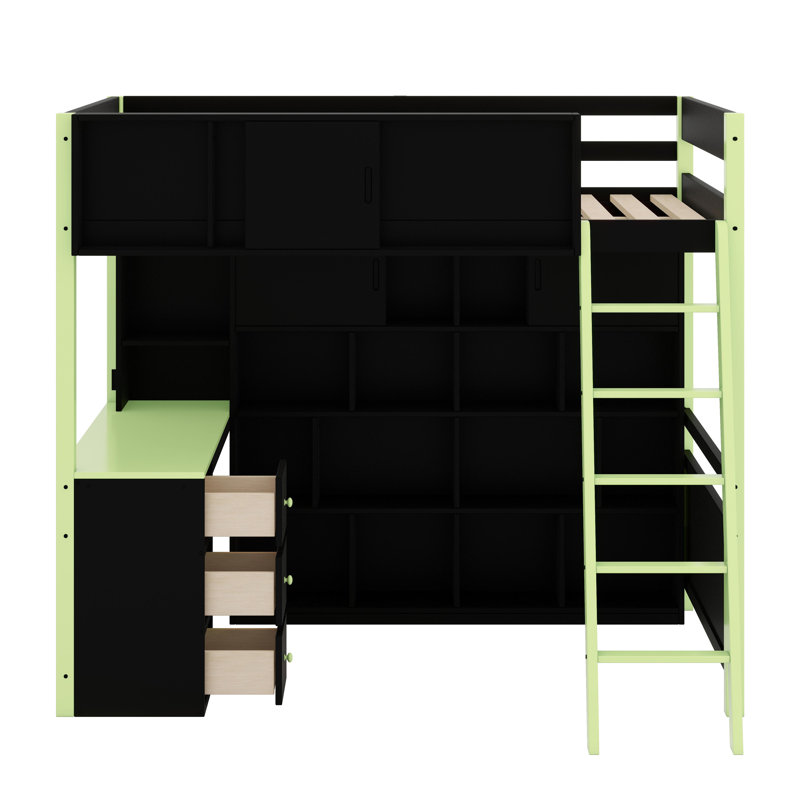 Lit mezzanine en bois avec bureau, Vert