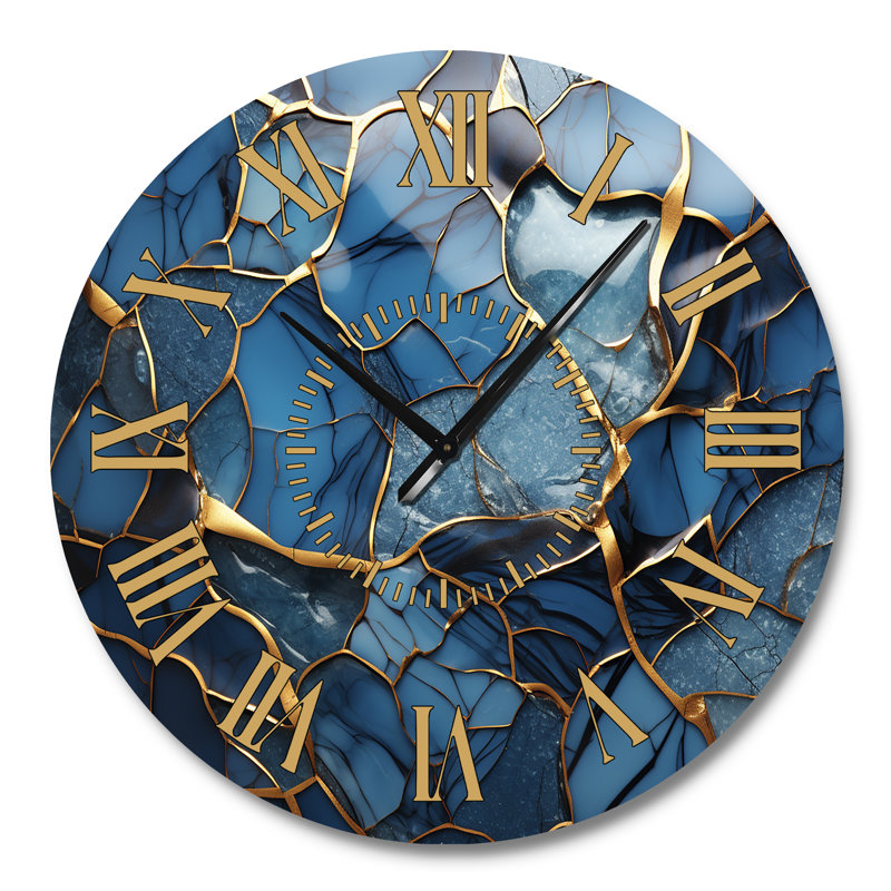 Horloge murale dorée et bleue en agate mosaïque en marbre III, Grand