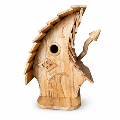 Maison d'oiseaux en bois de teck avec motif fantaisiste sculpté à la main - Artisanal