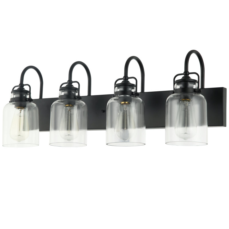 Éclairage pour salle de bain 4 lumières à intensité variable avec abat-jour en verre transparent Loucks, Noir mat