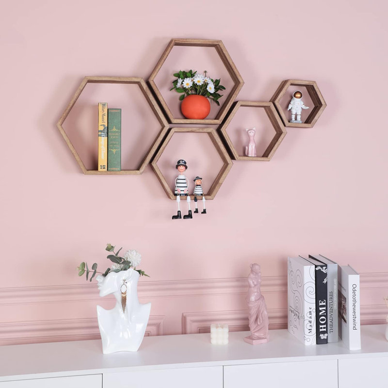 Ensemble de 5 tablettes flottantes Hexagon, Bois rouge
