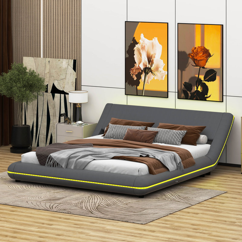 Base de lit plateforme avec tête de lit inclinée Heidegunde, Grand, gris