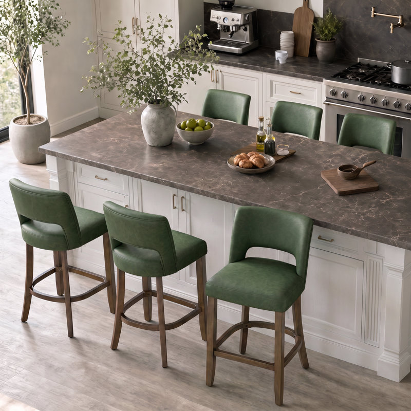 Tabourets de bar modernes en similicuir, hauteur du comptoir, pieds en bois massif, ensemble de 6, Vert, 6
