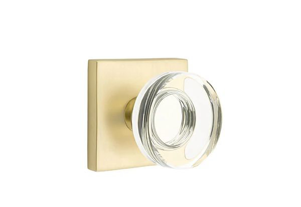 Ensemble de mortaise intérieure Emtek Passage avec rosette carrée et poignée moderne en verre à disque (LH), Laiton satiné