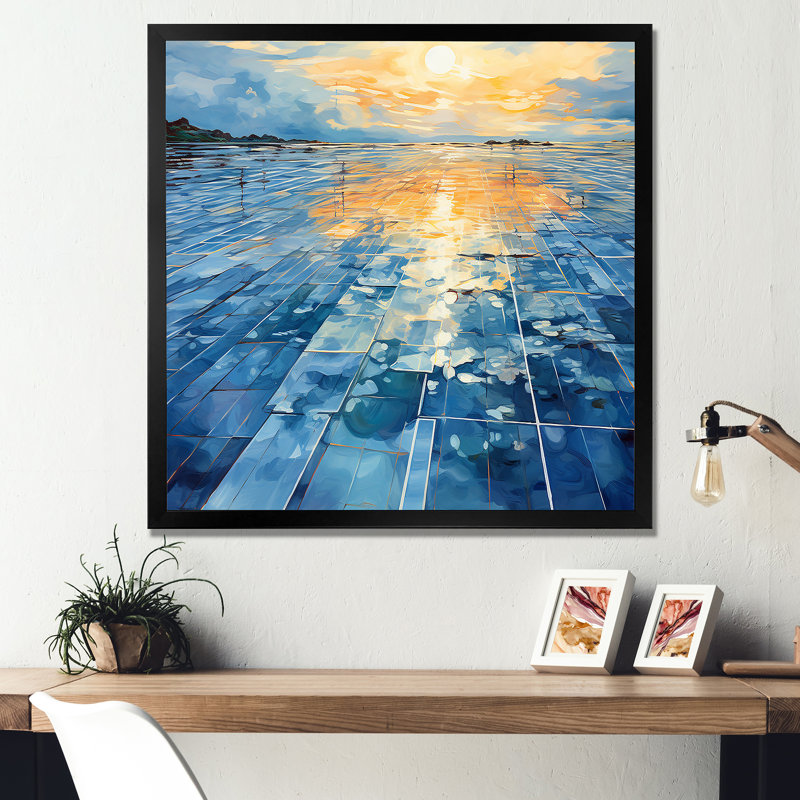 Panneaux solaires abstraits bleus et jaunes II - Panneaux solaires, art mural, Cadre simple noir, H 16 po x l 16 po x P 1 po