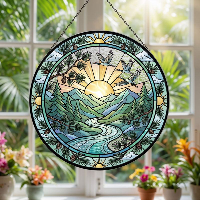 Mountain Landscape Stained Glass Window Panel,12"H, 12"H