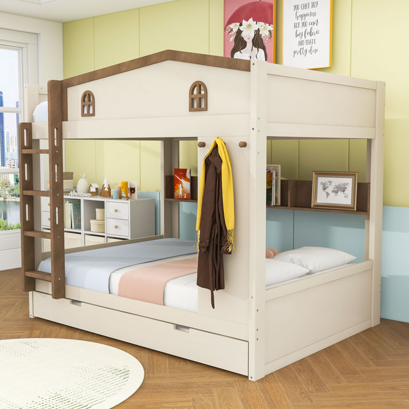 Wooden Bunk Bed with Trundle and Side Shelves and Ladder, Queen Over Queen, Beige/Natural