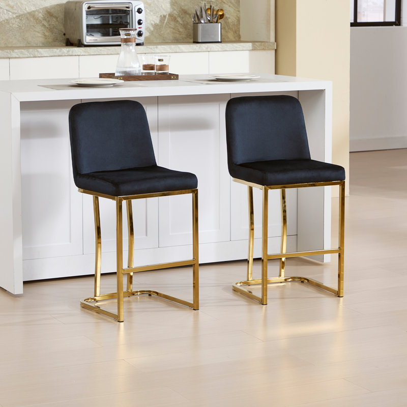Modern Upholstered Counter Height Bar Stool With Metal Frame, Black/Gold, Extra Tall = 35” Seat Height