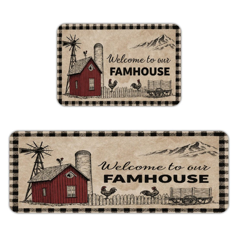 Farmhouse Barn & Rooster, Kitchen Mats Set of 2