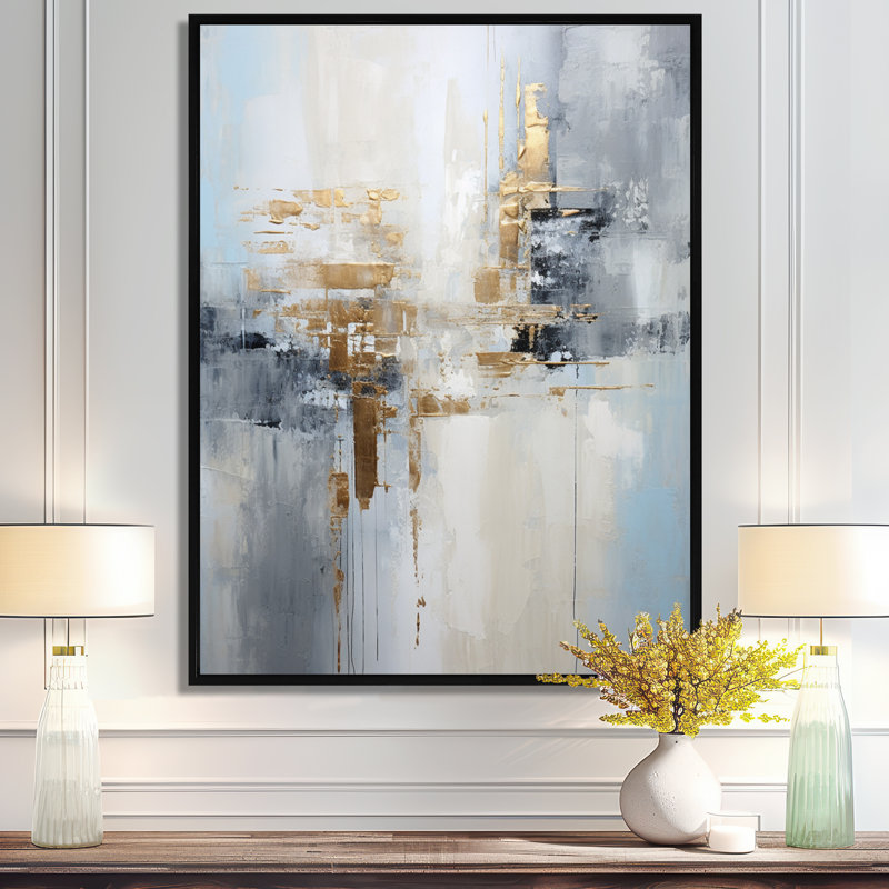 «Gold Memories On Faded Blue», art mural abstrait, H 32 po x l 24 po x P 1 po, Toile avec cadre flottant noir