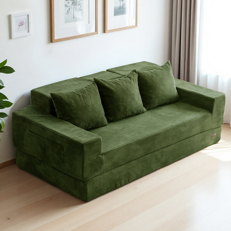 Boneless Black Corduroy Sofa Bed, 4 In 1 Foldable Floor Sofa Couch , Convertible 3 Seater Boneless Couch Folding Recliner Sleeper Chair