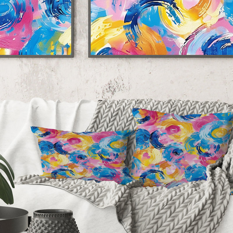 Explosion de cirque abstrait rose et bleu III - Coussin abstrait, Carrée, H 18 po x l 18 po