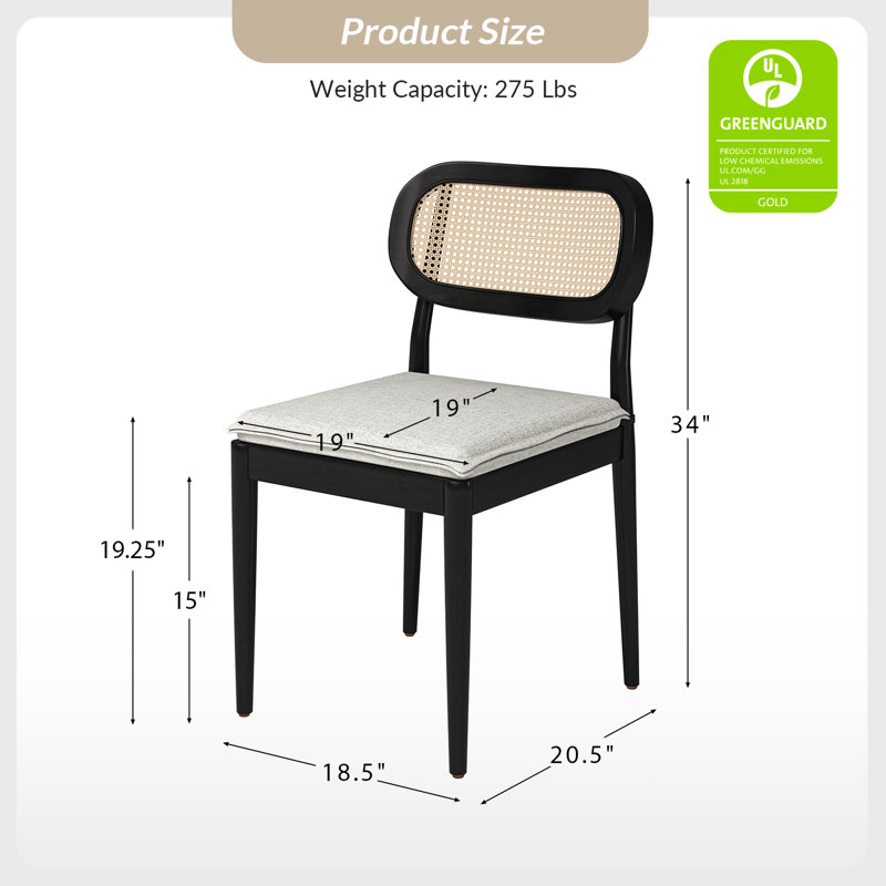  Amadou 19.25'' H  Modern Linen Upholstered Side Chair with Rattan Backrest, Black