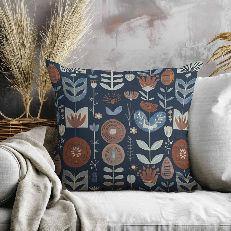 Coussin en suède Baltic Blossoms, Bleu / rouge / marine, Carré 20 po