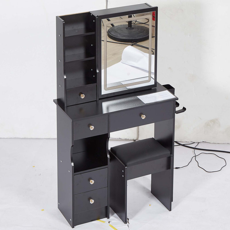 29.2" Small Size Left Drawer Desktop Vanity Table + Cushioned Stool, 2 AC+2 USB Power Station, Hair Dryer Bracket, Extra Large Touch Control Sliding LED Mirror, Tri-Color Switching, Brightness Adjust