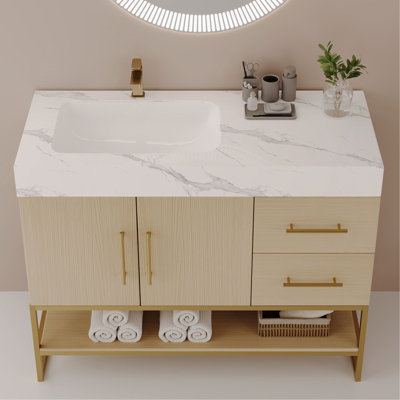 Meuble-lavabo autoportant moderne 36 po avec lavabo en céramique sans couture et plateau en pierre frittée