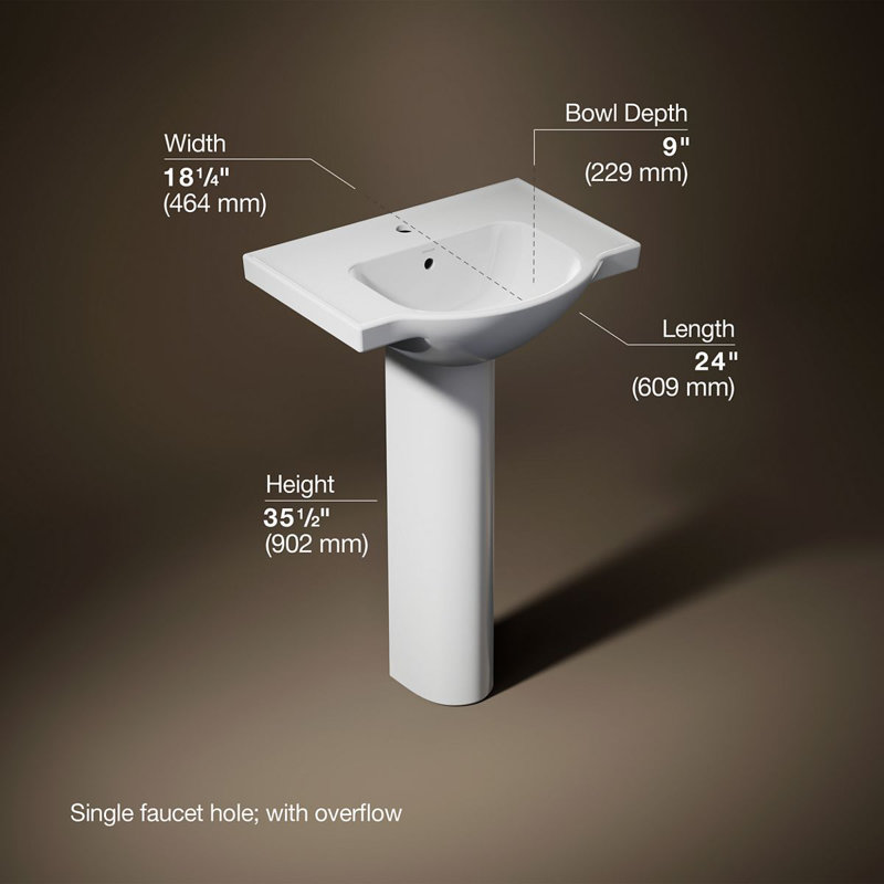 Veer™ Ceramic Pedestal Bathroom Sink with Overflow, White, Single, 35.5" H x 24" L x 18.25" W