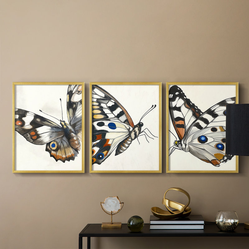 Papillons, série CXIV - ensemble de 3 estampes numériques - prêt à être accroché, Cadre doré, H 20 po x l 16 po