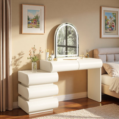 Luxury 2-in-1 Vanity Table With Leather Finish, 3-color Led Lighted Mirror, Adjustable Length And 5 Storage Drawers