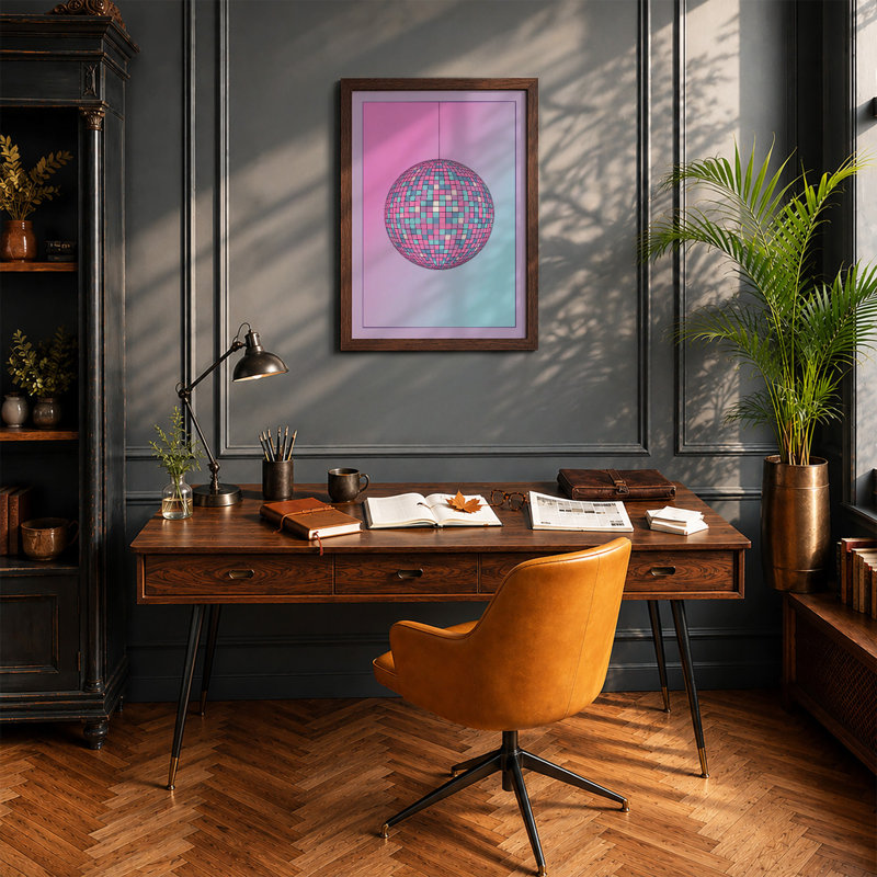 Disco Ball in Motion Retro - Framed Print, A2 - 59.4 x 42.0 cm, Walnut