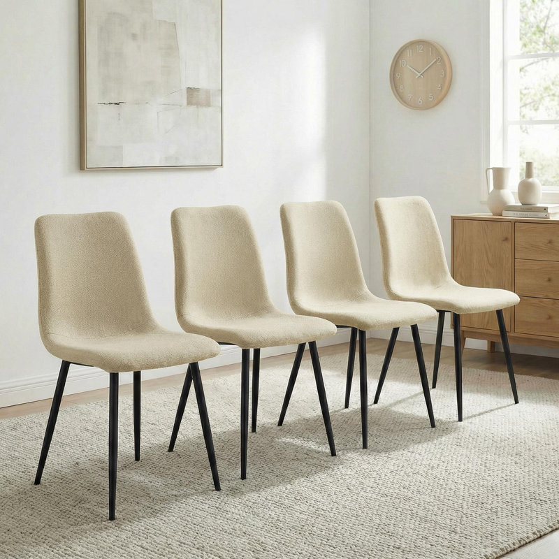4-Piece Linen Upholstered Dining Chair Set with High Back & Metal Frame, Beige, Black