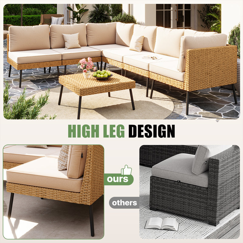 7-Piece Outdoor Patio Conversation Sofa Sets With Removable Cushions, All-Weather Wicker Sectional Seating Group With Coffee Table