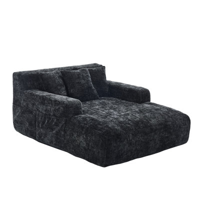 Black Chenille Bed Armchair, Three Pillows, Memory Foam, Sleeping Foam Filler, Stylish Design