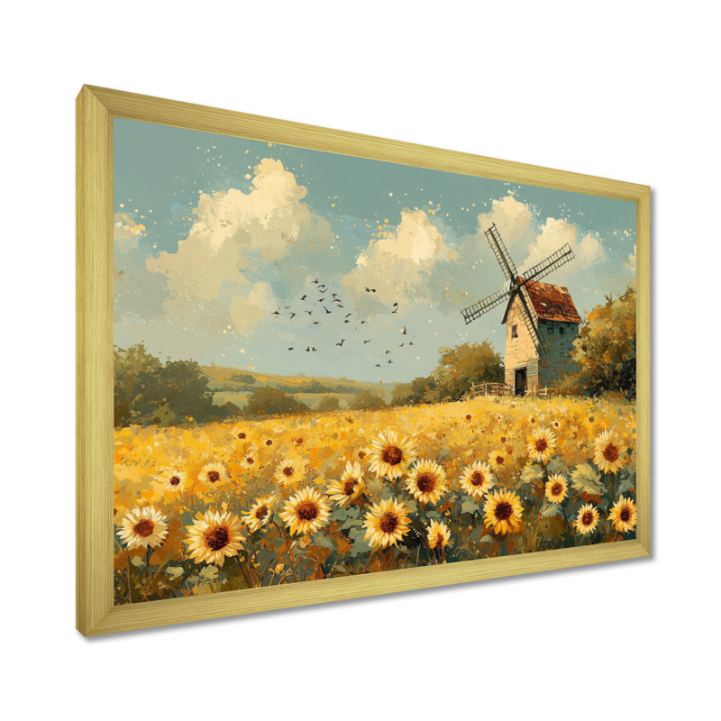 Drelon tournesols au moulin à vent en été I - art mural toile de tournesols, H 16 po x l 32 po, Doré