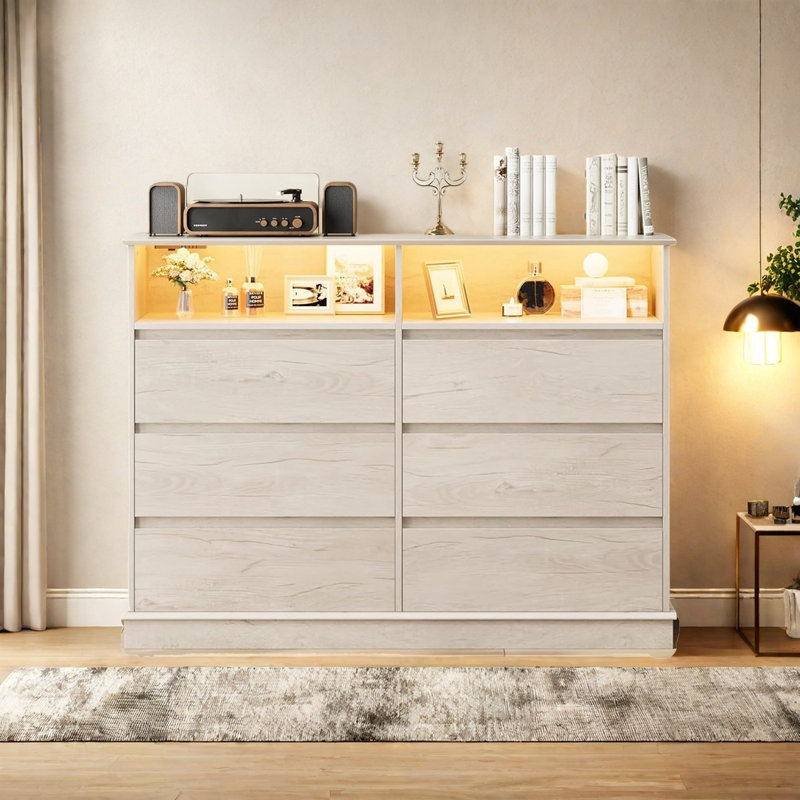 Commode pour chambre à coucher, commode 6 tiroirs avec lumières à DEL et station de charge, Chêne