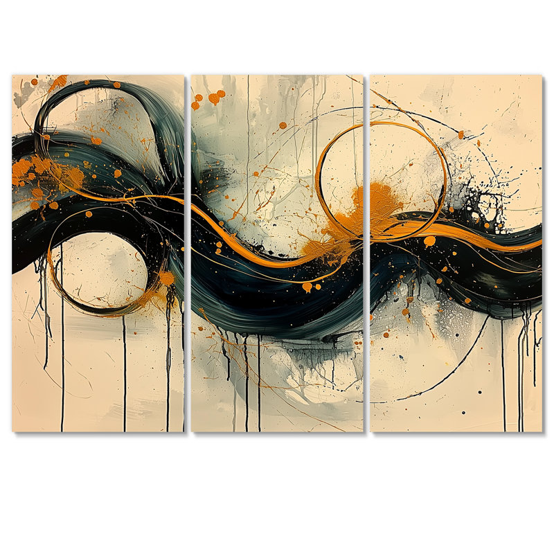 Spirale de jeu optique dorée noire III - Constructivisme, art mural grand - 3 pièces, H 32 po x l 48 po, Toile tendue