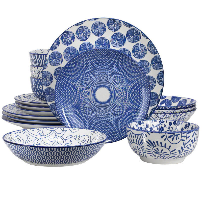  Reflections 16 Piece Assorted Stoneware Double Bowl Dinnerware Set in Blue