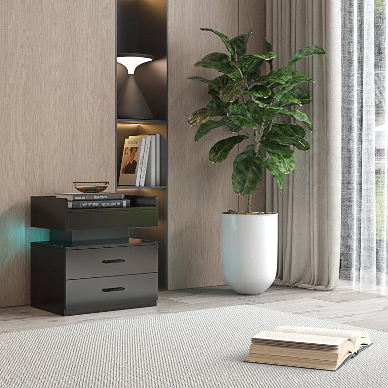1 Set Nightstand With Adjustable LED Strip Light, Black