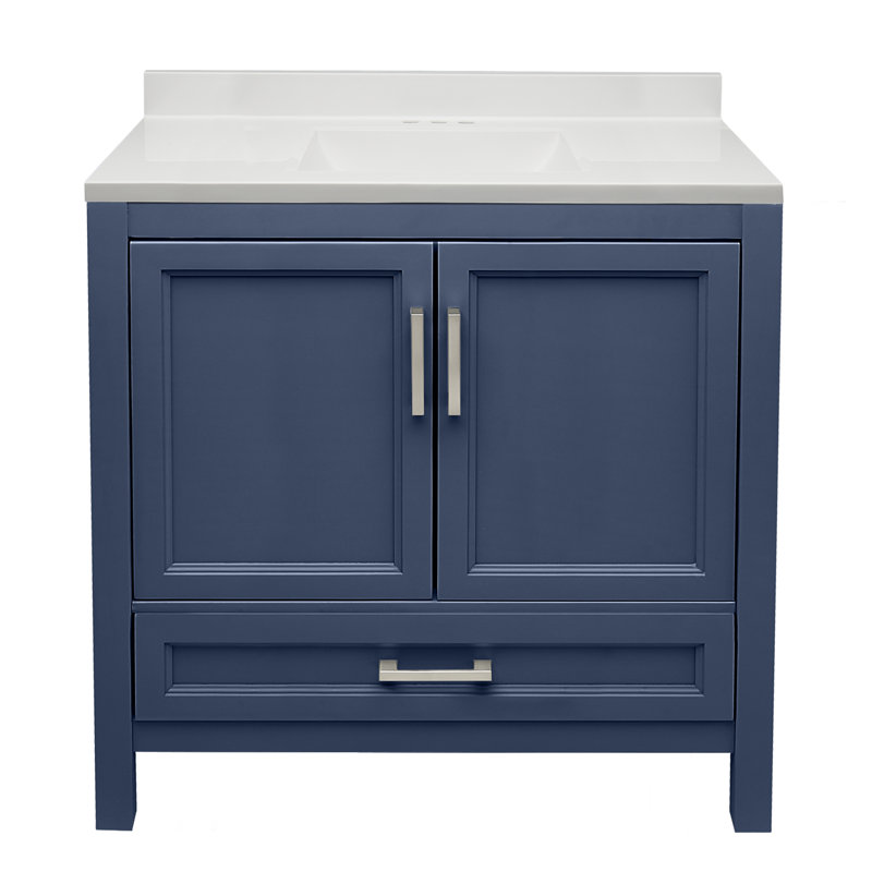 Aldino 37'' Single Bathroom Vanity with Solid Surface Top, White with Backsplash, Navy Blue