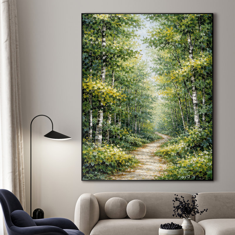 Très grand art mural imprimé sur un sentier forestier ensoleillé entouré de bouleaux verts luxuriants pour le salon ou la chambre à coucher - «Assemblage requis du cadre (cadre non fini)»