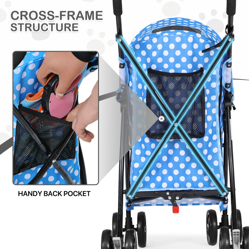 Sky Blue Polka Dot Foldable Pet Stroller with Mesh Windows