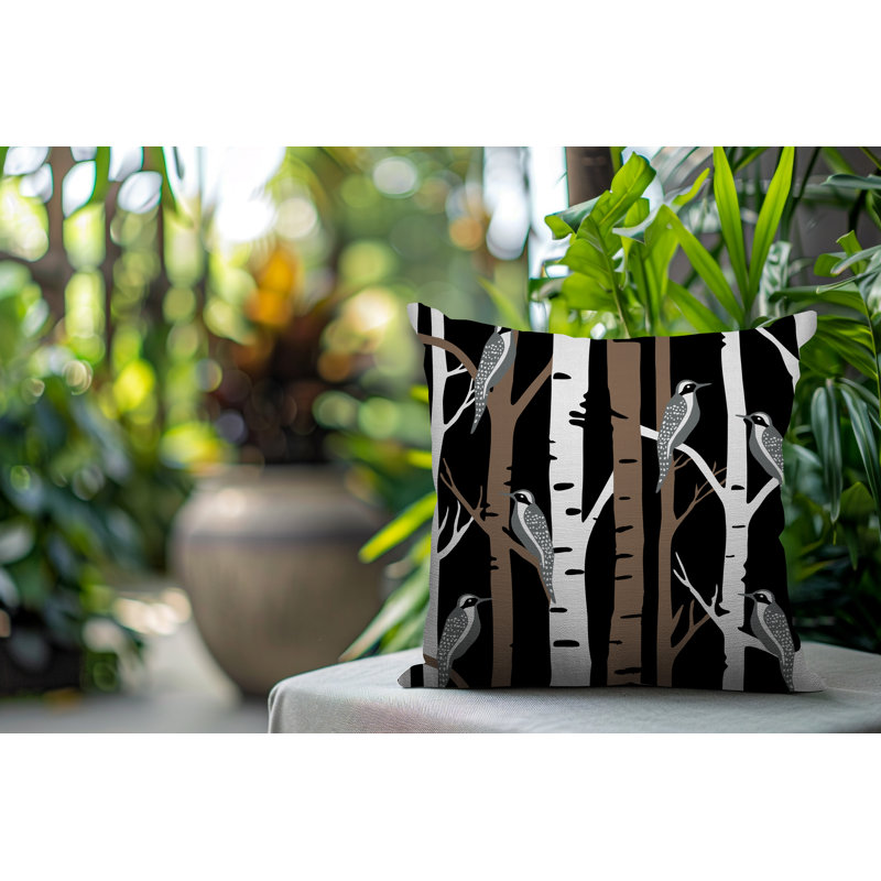 Oreiller carré réversible intérieur / extérieur Fiore Bird, Carré 15 po, Noir