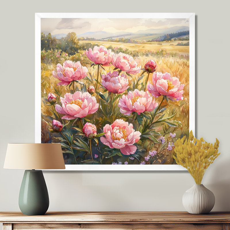 Pivoines dans le champ ensoleillé I - pivoines, art mural, H 36 po x l 36 po, Reproduction encadrée d'une seule photo, Blanc