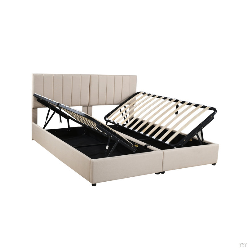 Lit plateforme tapissier avec rangement et tête de lit réglable, Beige, King