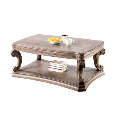 Weathered Oak Coffee Table Featuring Details, Scroll Legs, And Open Shelf, Traditional Style For Living Finished With Design, Dentil Trim, Shelf Home