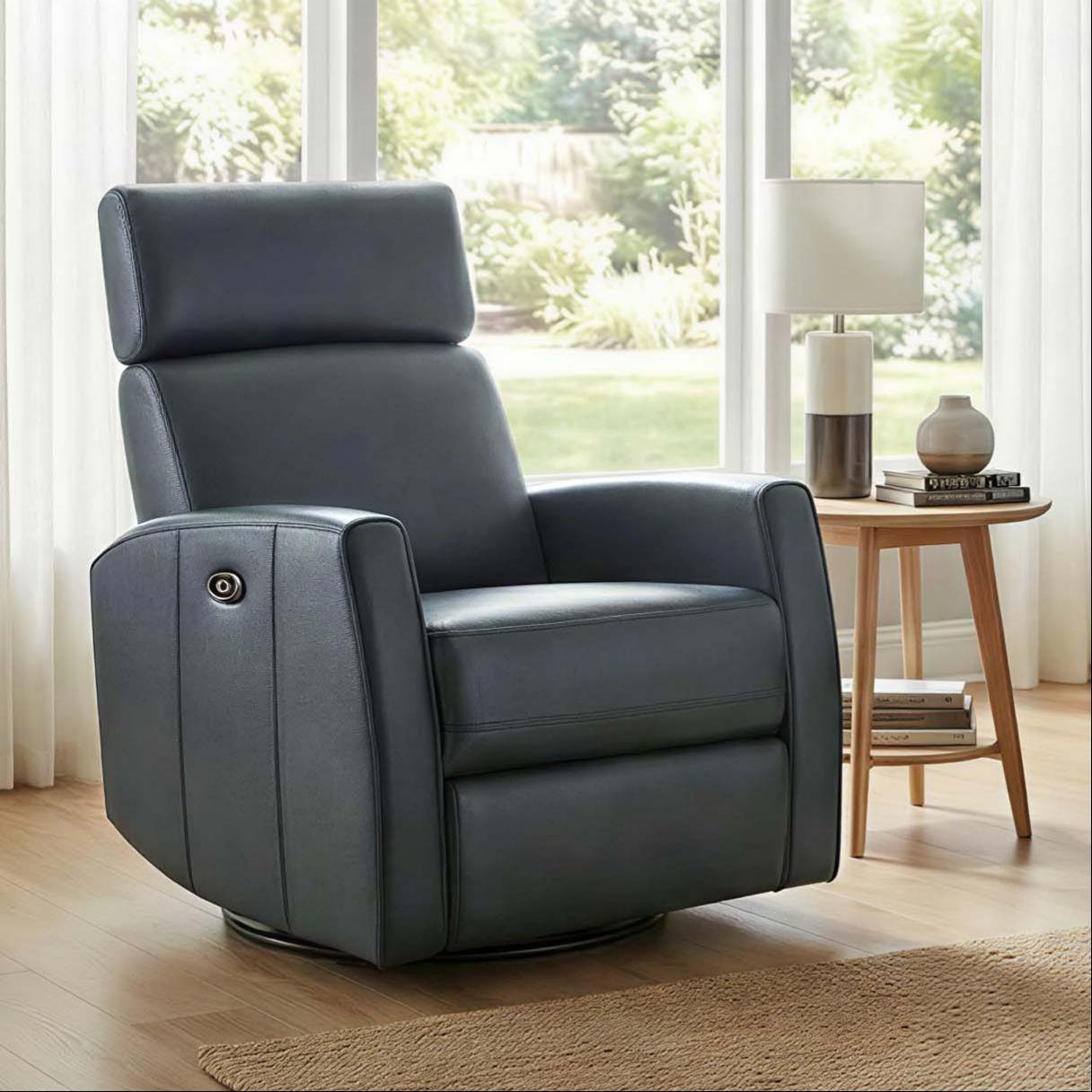 Top Grain Genuine Leather Power Recliner, Chesapeake Blue