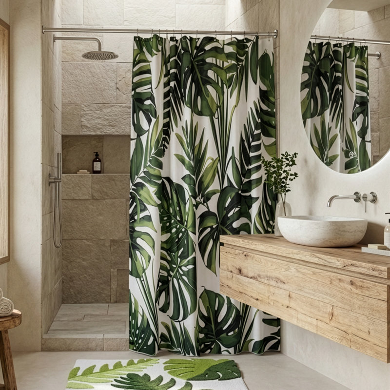 Croydex Shower Curtain with Green Botanical Leaves Design - 100% Polyester with a Weighted Hem, Machine Washable and coated with Proseal for Water Repellence, 1800x1800mm